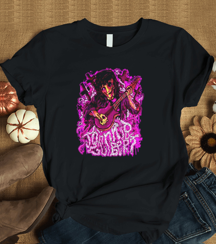 Zombie Johnnie Guilbert Playing Guitar with Purple Light and Crosses Background T-Shirt