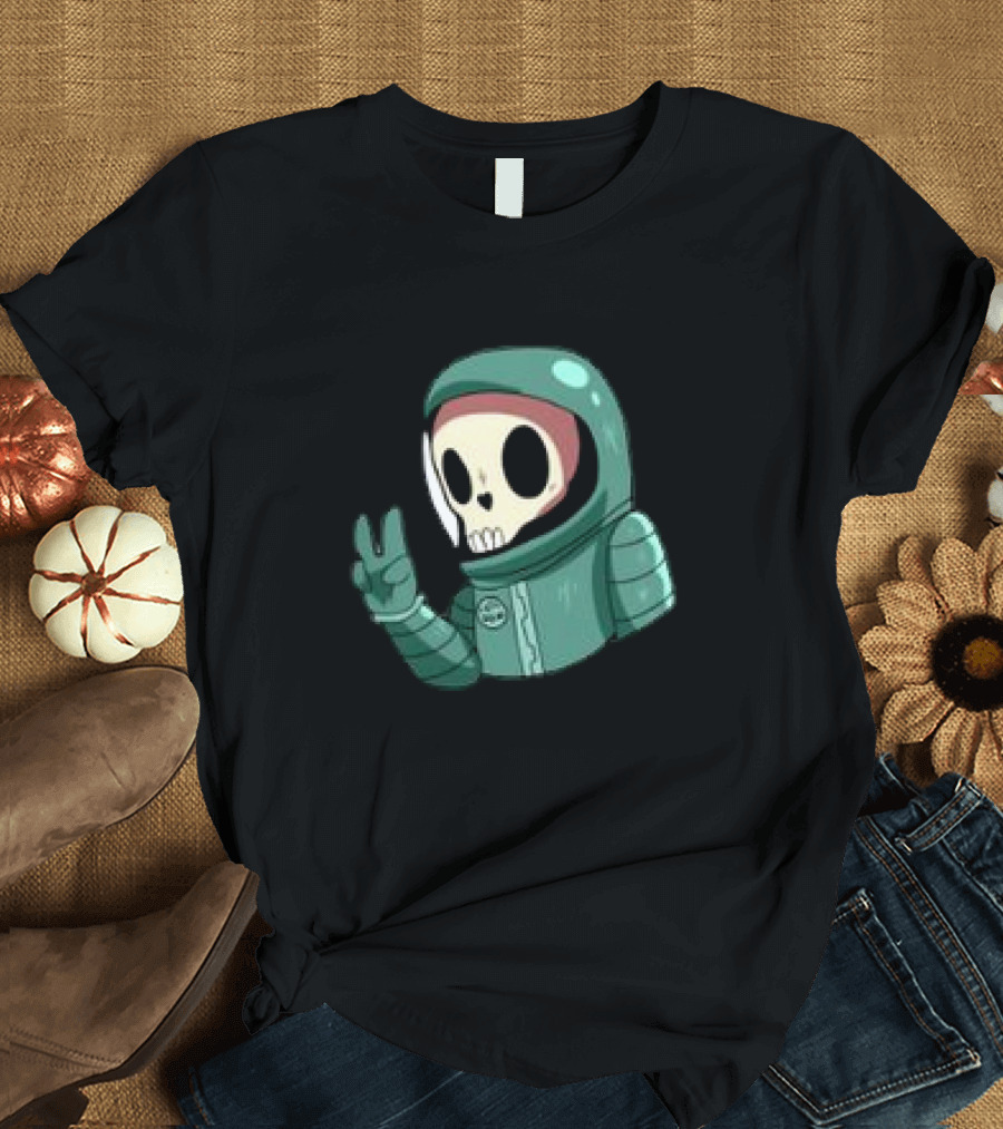 Peace Homie Skull Astronaut in Green Suit Making V-Sign T-Shirt