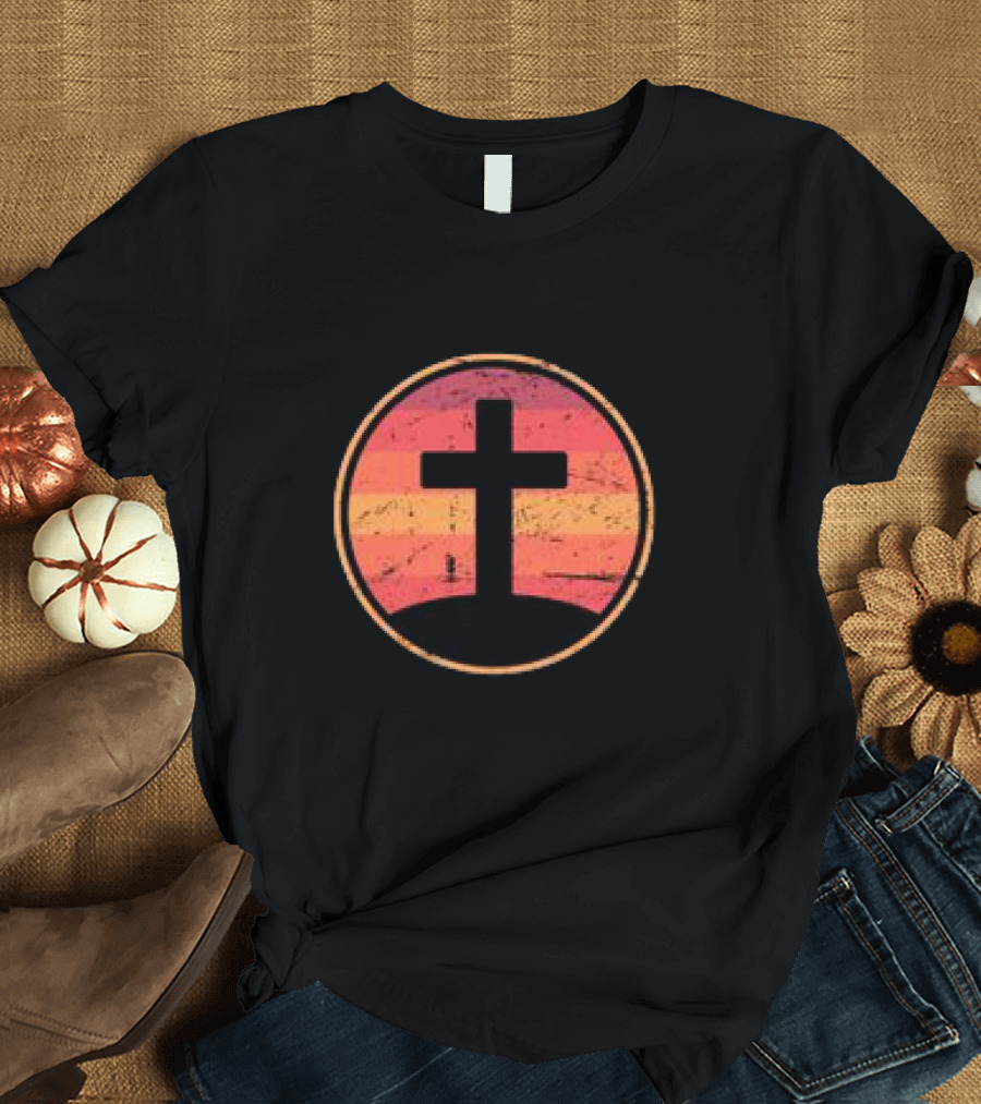 Retro Christian Cross Vintage Sunset on Champion T-Shirt