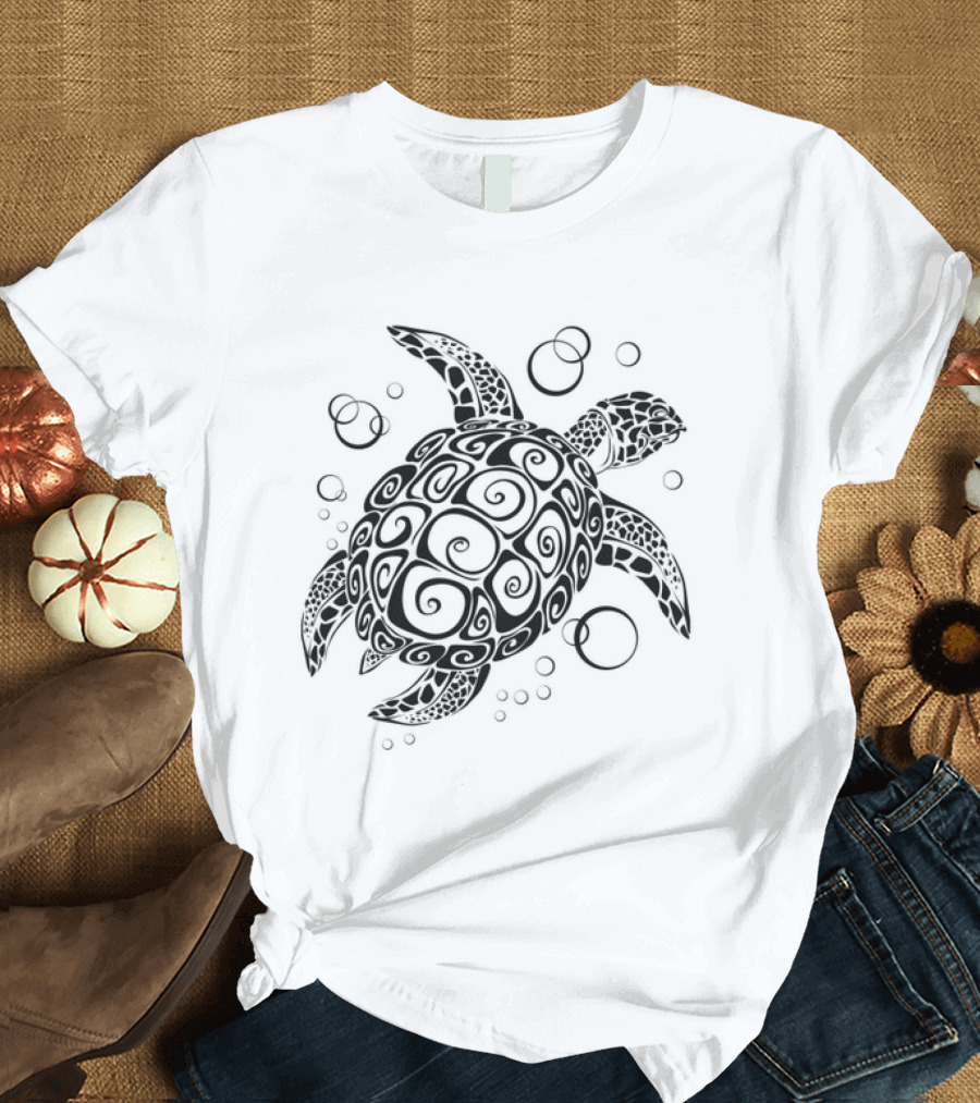 Sea Turtle Tribal Pattern with Bubbles T-Shirt