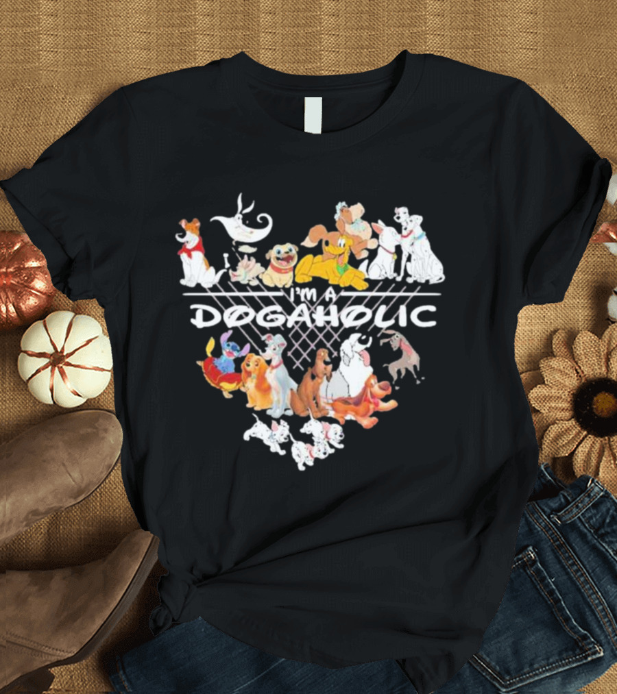 I'm a Dogaholic with Iconic Cartoon Dogs Heart T-Shirt