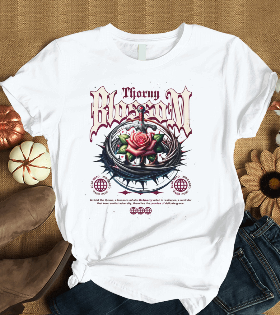 Thorny Blossom Amidst the Thorns a Blossom Unfolds A Reminder of Delicate Grace T-Shirt