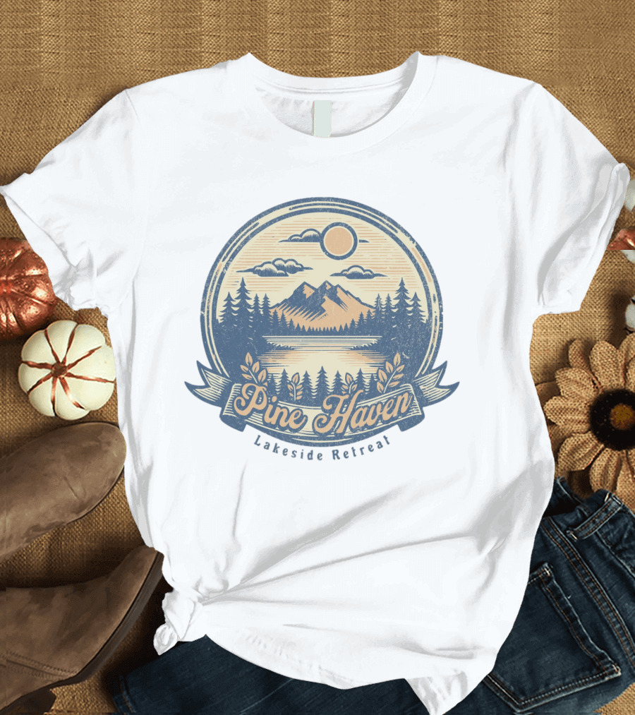 Pine Haven Lakeside Retreat Scenic Mountain Forest Vintage Emblem T-Shirt
