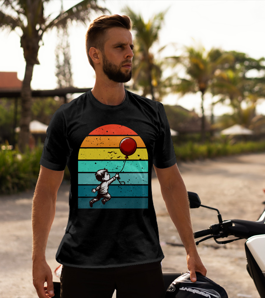 Boy Holding Red Balloon Retro Vintage Rainbow Stripes T-Shirt