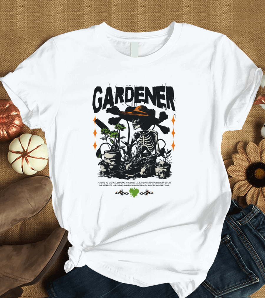 Gardener Skeleton Tending to Eternal Blooms in the Afterlife T-Shirt