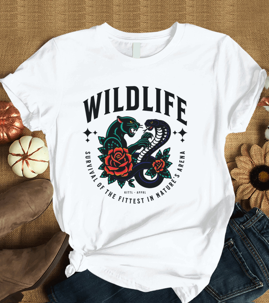 WILDLIFE Panther Cobra Rose Survival of the Fittest in Nature's Arena Vintage T-Shirt
