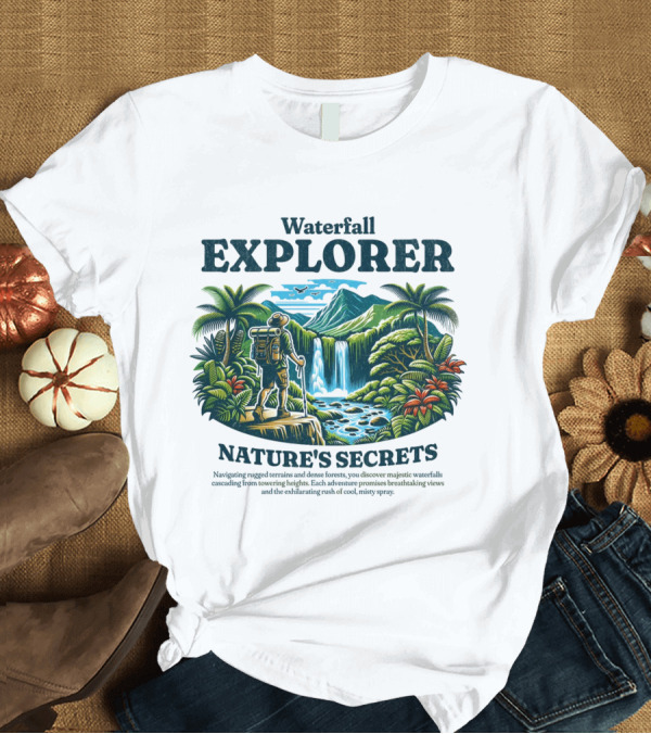 T-Shirt: Waterfall Explorer Nature's Secrets Discover Mysteries Towering Heights Breathtaking Views T-Shirt Waterfall Explorer Nature's Secrets Discover Mysteries Towering Heights Breathtaking Views T-Shirt