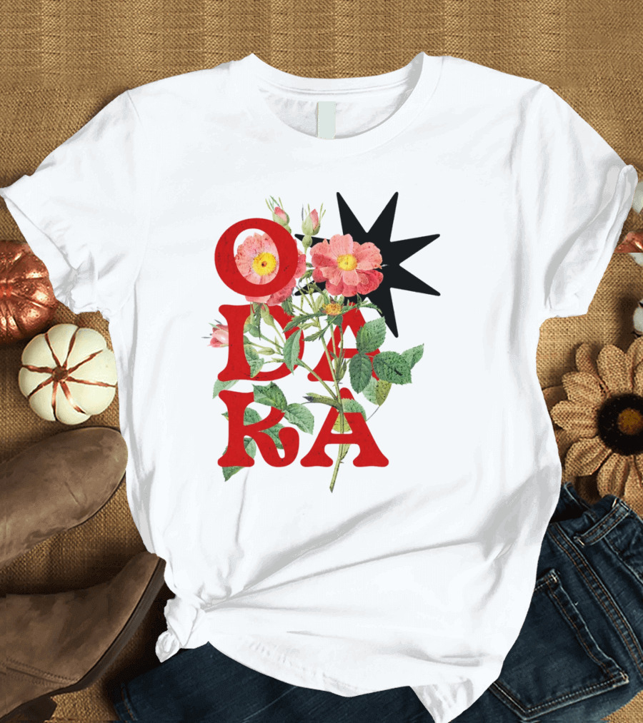 ODARA Bold Floral Art with Red Letters and Pink Flowers T-Shirt