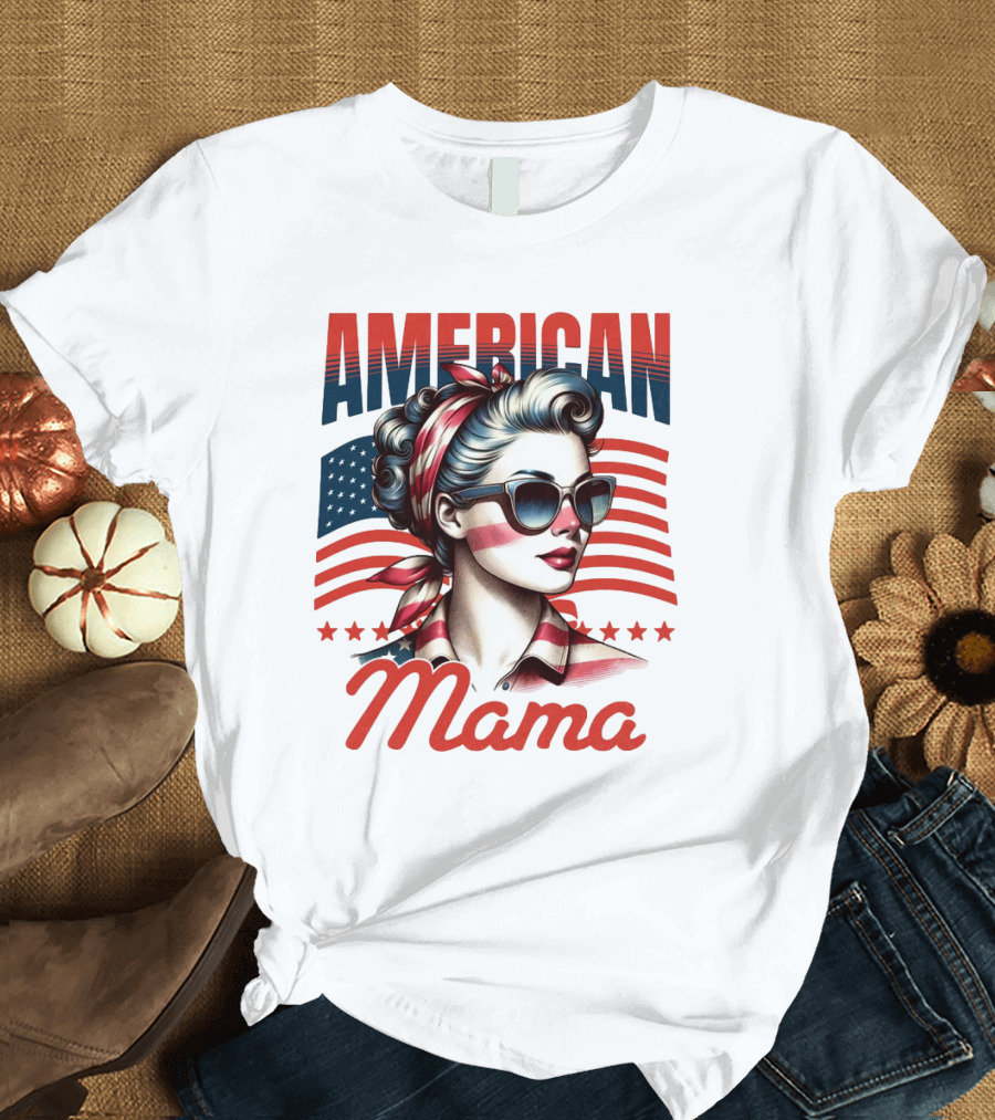 American Mama Vintage Patriotic Bandana Sunglasses Retro Flag Stars T-Shirt
