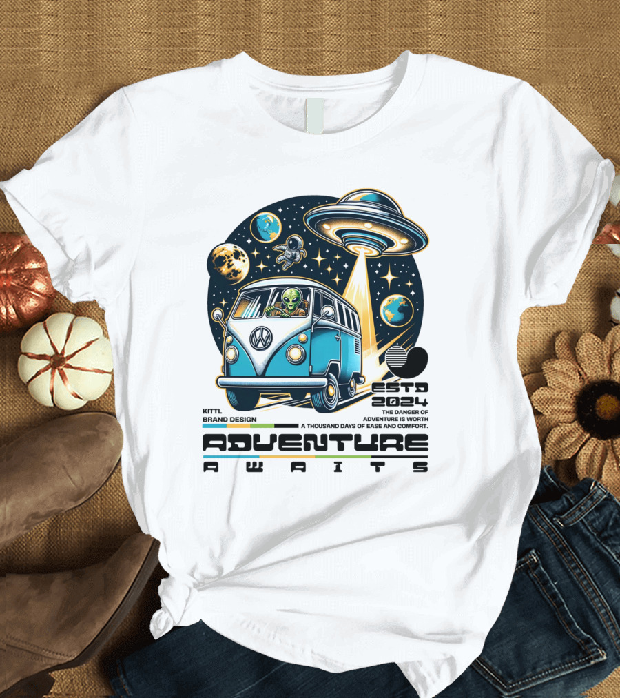 Adventure Awaits Alien Van UFO Space Travel 2024 Kittl Brand T-Shirt