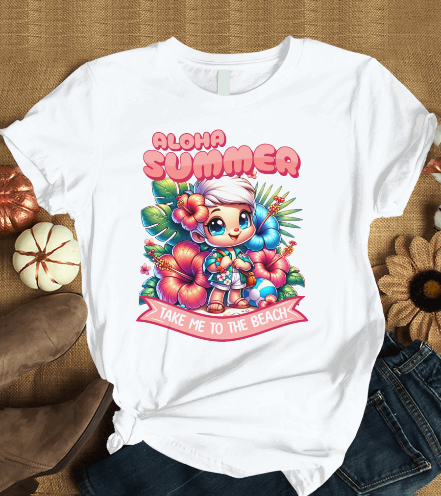 Aloha Summer Take Me to the Beach Hawaiian Tropical Cartoon T-Shirt