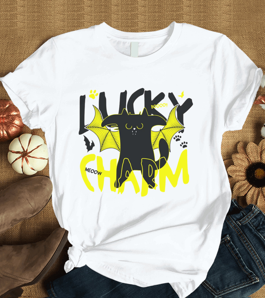 LUCKY CHARM Meow Boooo Bat Wings Cat Paw Prints T-Shirt