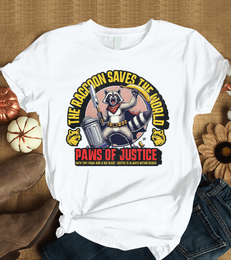 The Raccoon Saves the World Paws of Justice Hero with Tiny Paws and a Big Heart T-Shirt