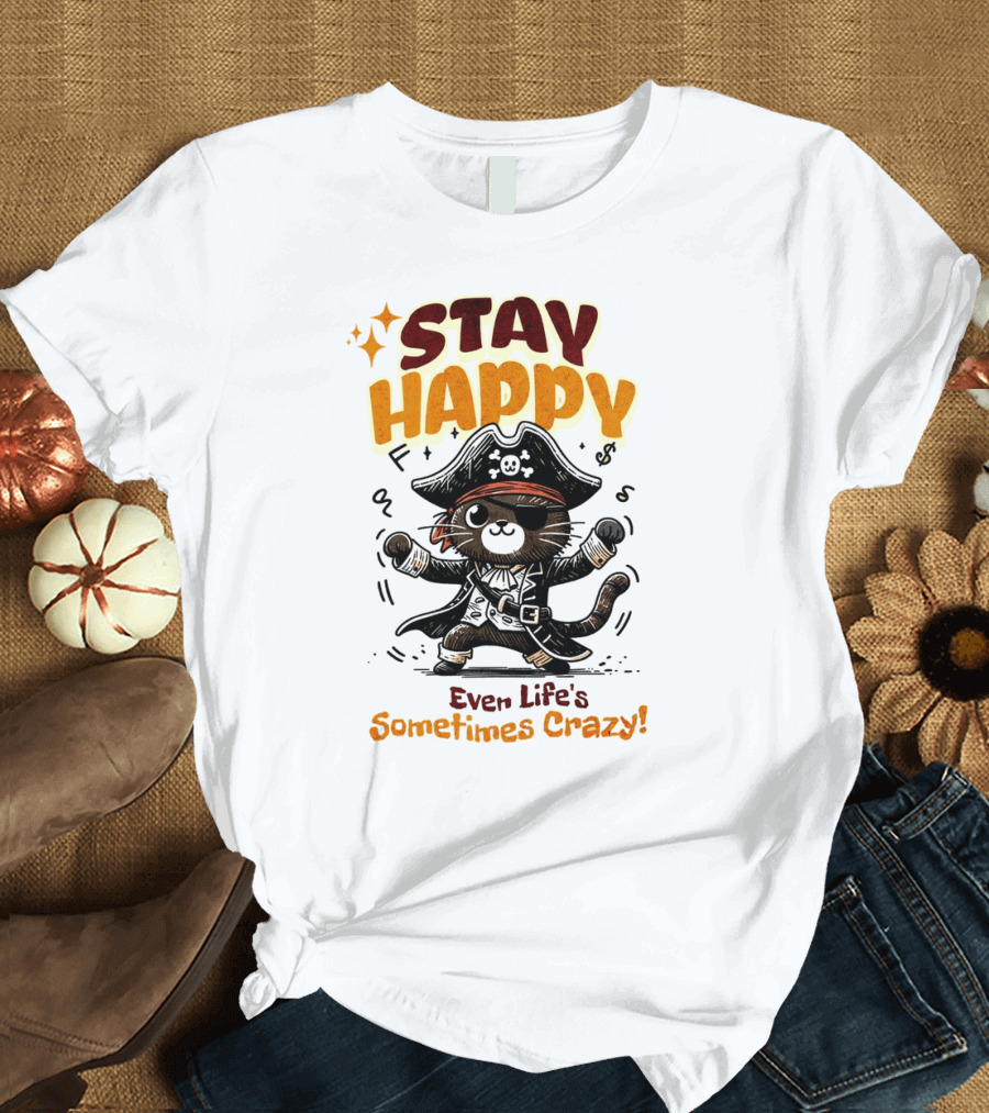 STAY HAPPY Even Life's Sometimes Crazy Pirate Cat T-Shirt
