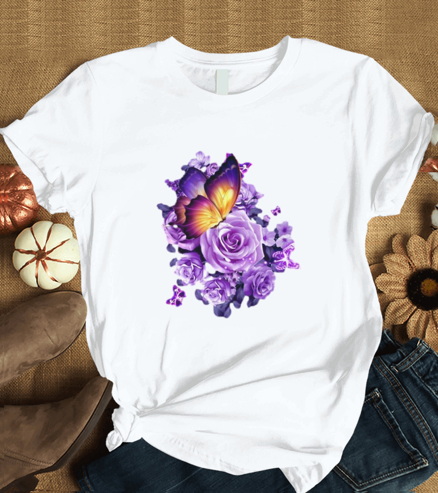 Butterfly Purple Rose Blossoms Floral Arrangement T-Shirt
