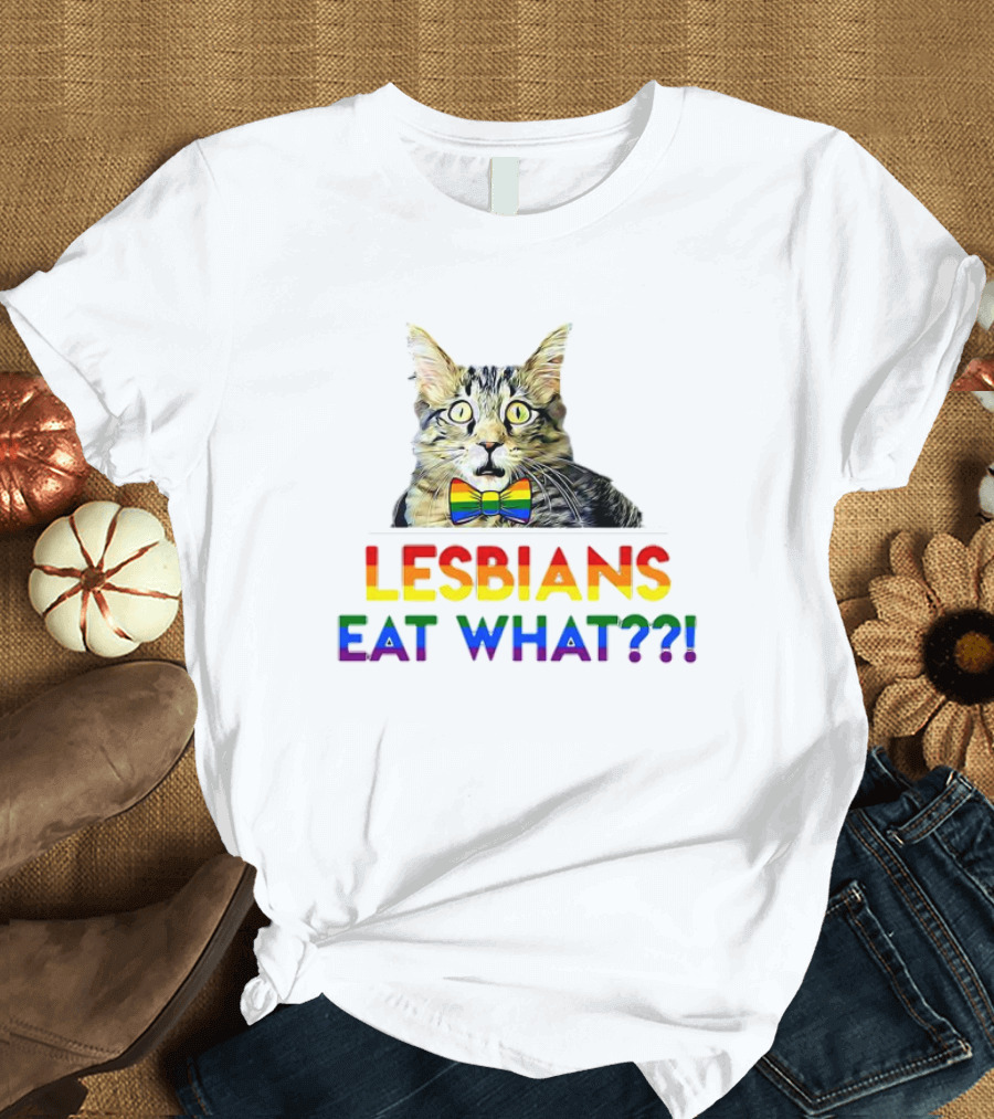 Lesbians Eat What Cat with Rainbow Bow Tie T-Shirt