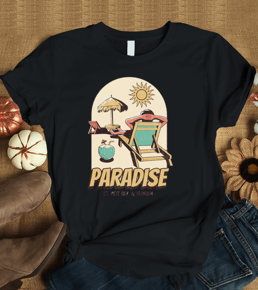 Paradise St. Pete Beach Florida Retro Sun Lounger and Cocktail Scene T-Shirt