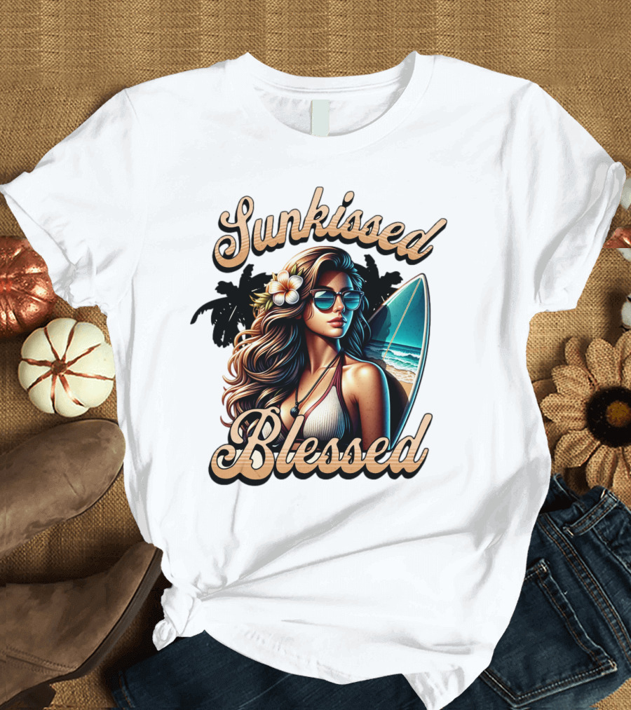 Sunkissed Blessed Surfer Girl in Sunglasses with Surfboard and Flower in Hair T-Shirt