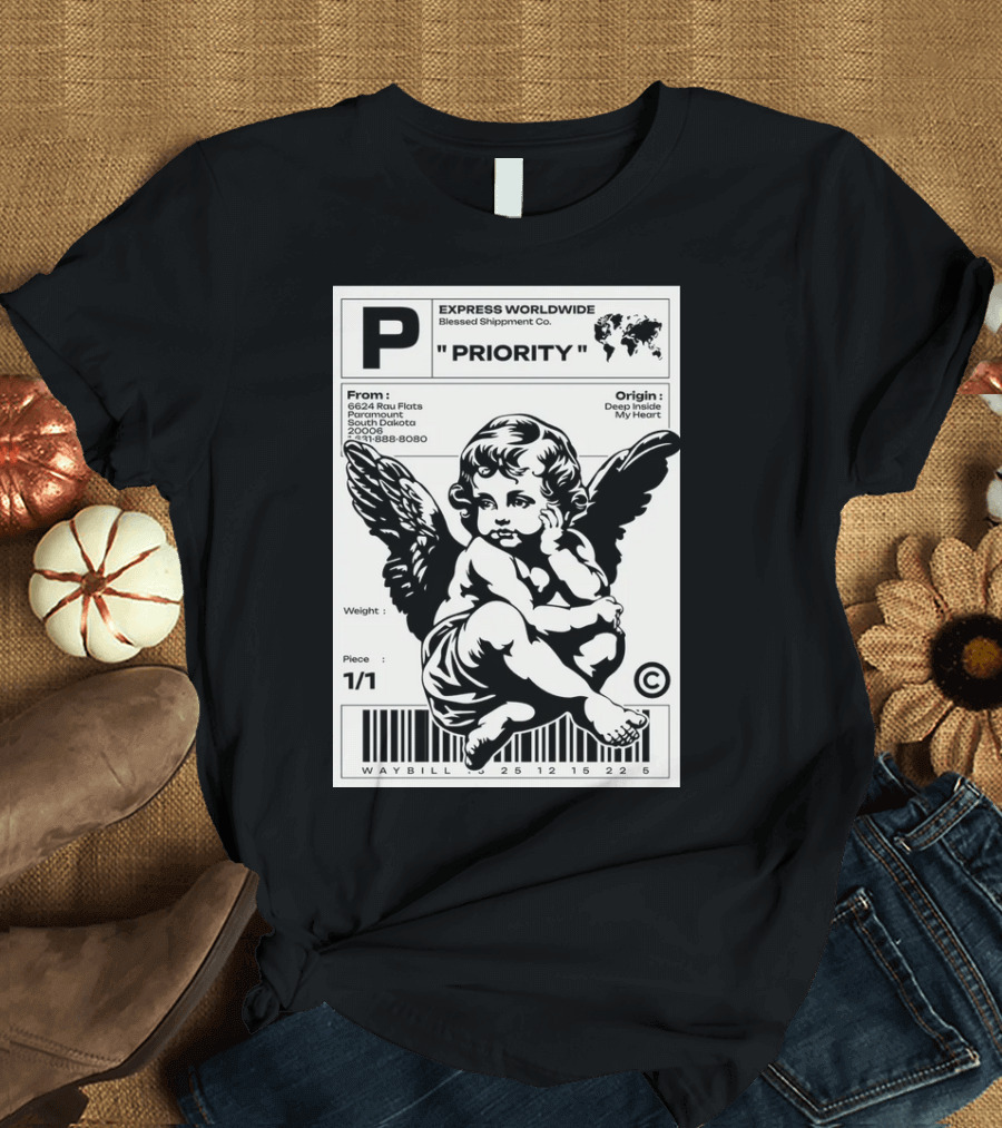 P Express Worldwide Blessed Shipment Co Priority Waybill Cherub Angel Barcode South Dakota T-Shirt