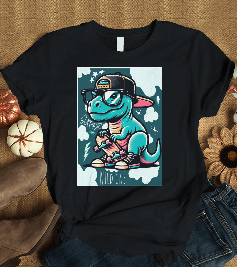 Super Wild One Dinosaur Skateboarder with Glasses and Cap T-Shirt