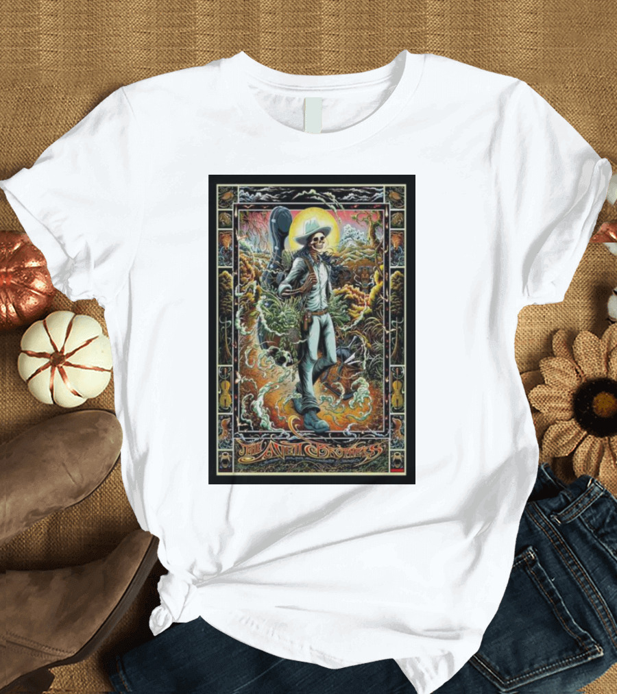 The Avett Brothers Skeleton Cowboy with Guitar and Sunburst Background Stanford T-Shirt