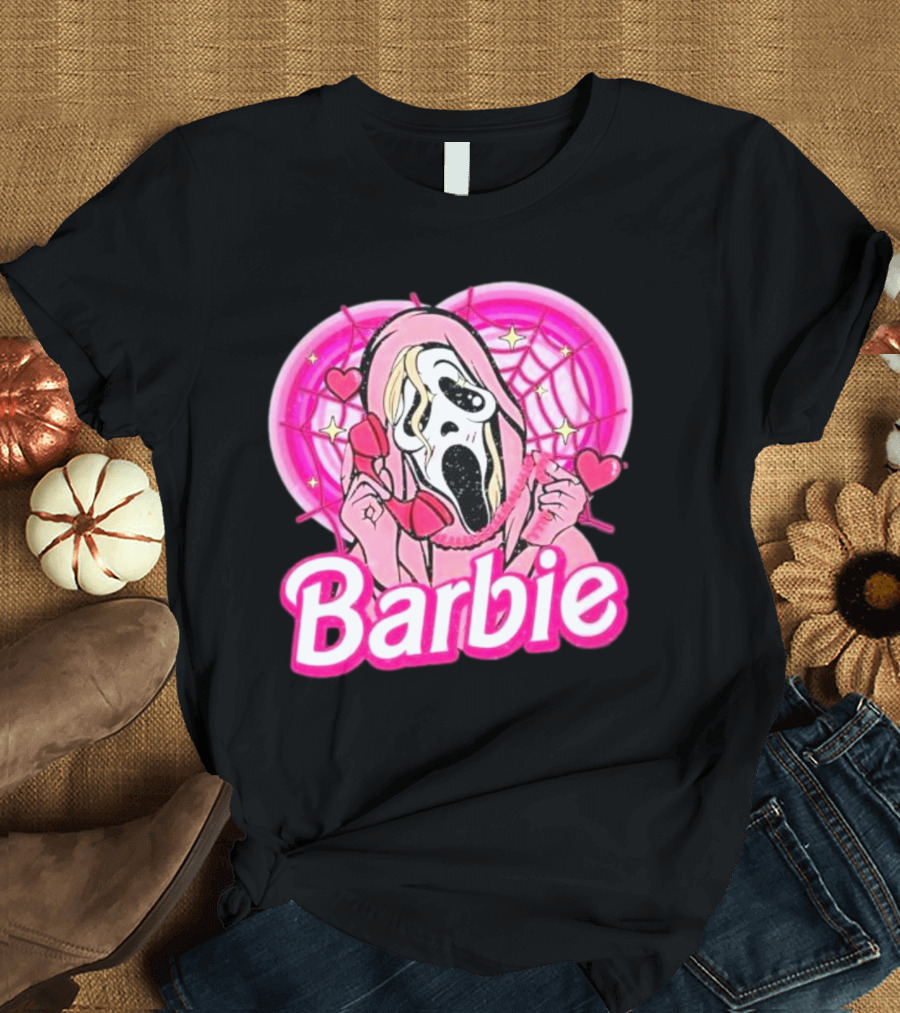 Barbie Horror Doll Ghost Face with Hearts and Pink Spiderwebs T-Shirt