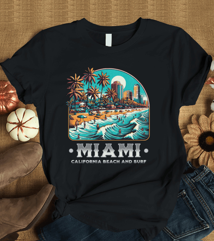 Miami California Beach and Surf Oceanfront Vibes with Palm Trees and Skyline T-Shirt