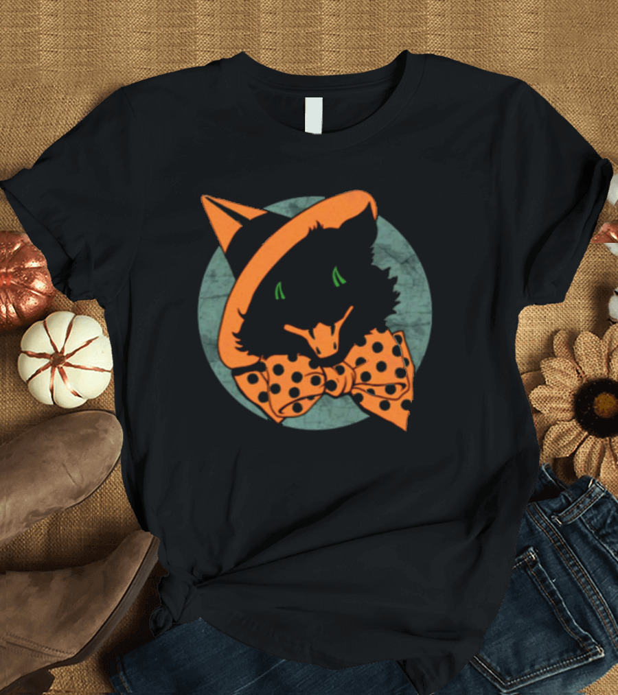 Vintage Halloween Black Cat Witch Hat Polka Dot Bowtie T-Shirt