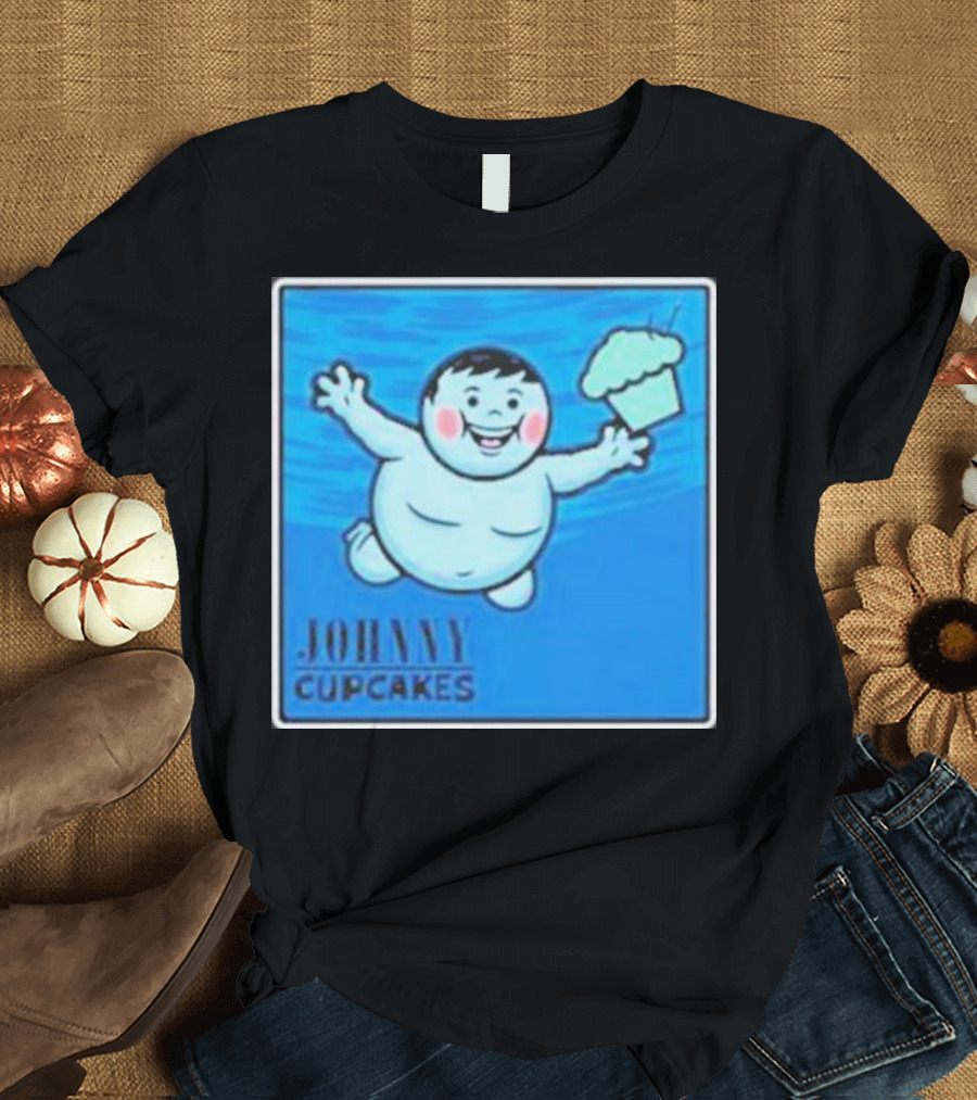 James Gunn Johnny Cupcakes Childlike Figure with Cake Blue Background T-Shirt