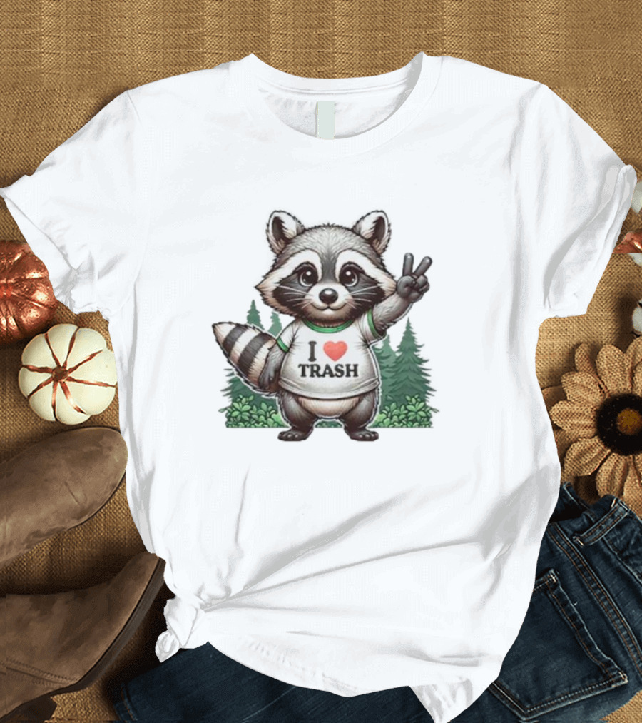 I Heart Trash Raccoon Peace Sign Forest Background T-Shirt