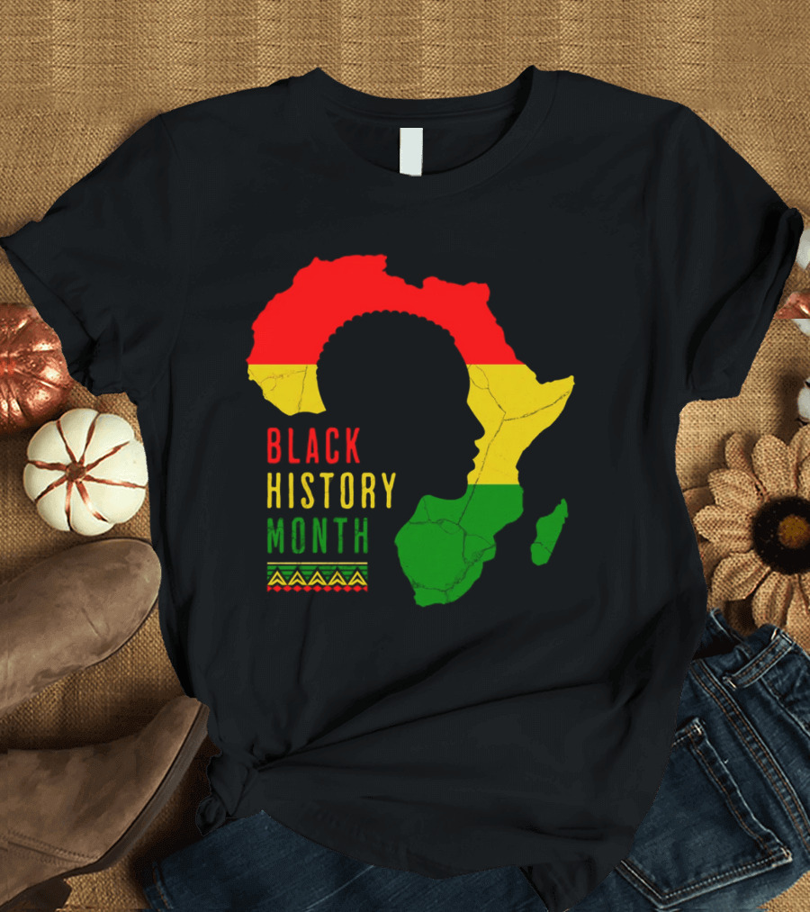 Black History Month African Continent Map with Red Yellow Green Colors and Afro T-Shirt