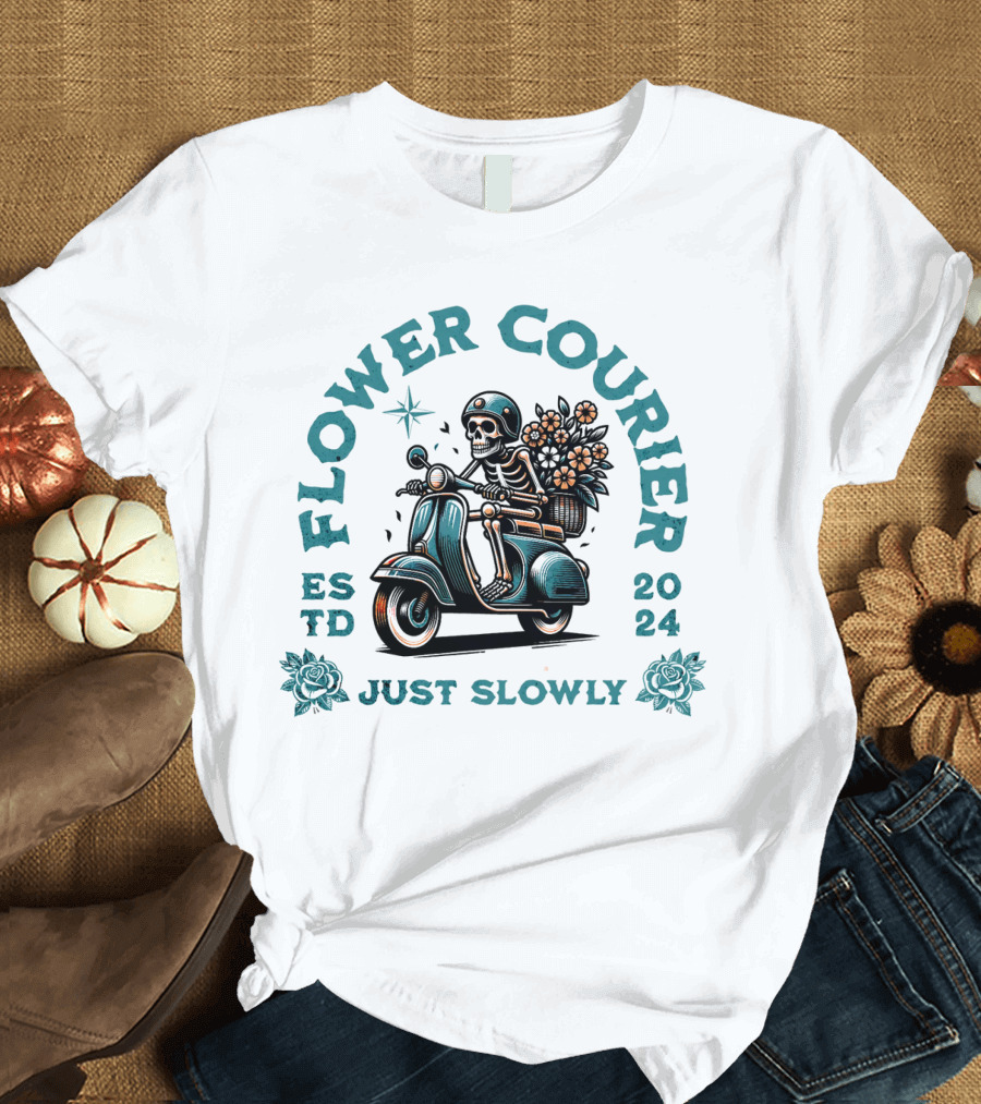Flower Courier Skeleton Vespa Rider Just Slowly T-Shirt