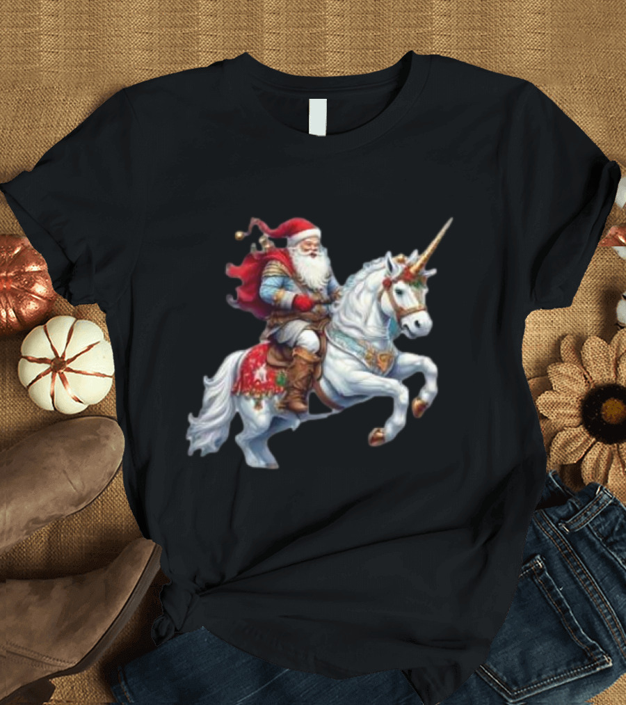 Santa Claus Riding Festive Unicorn Christmas T-Shirt