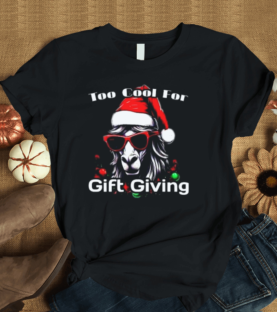 Too Cool for Gift Giving Unicorn Christmas Santa Hat Sunglasses T-Shirt