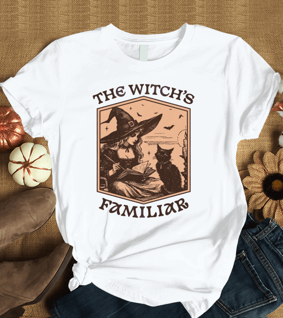 The Witch's Familiar Halloween Vintage Witch and Cat T-Shirt