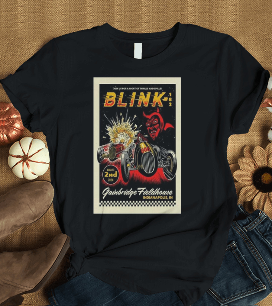 Blink-182 Gainbridge Fieldhouse Indianapolis August 2nd 2024 Thrills and Spills Race Devil Car Explosion T-Shirt