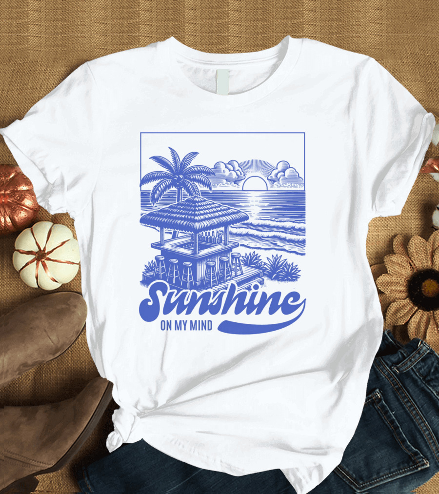 Sunshine On My Mind Vintage Beach Hut and Sunset Scene T-Shirt
