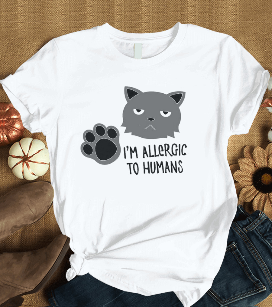 Cat I'm Allergic to Humans Shirt with Grumpy Feline Face and Paw Prints T-Shirt