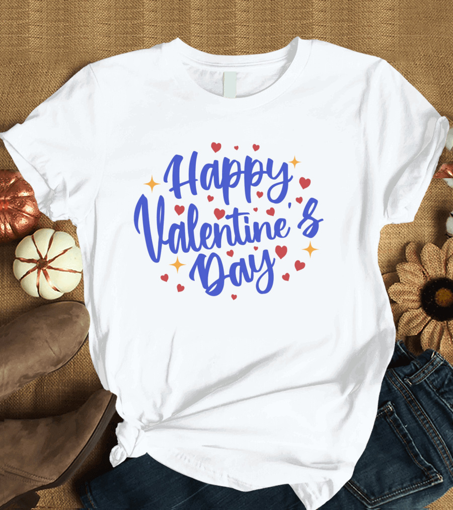 Happy Valentine's Day Blue Script with Hearts and Stars T-Shirt