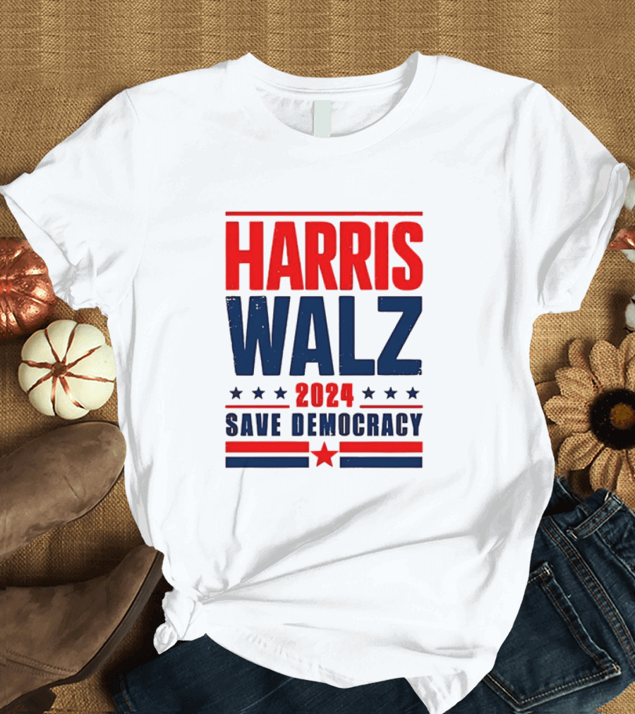 Harris Walz 2024 Save Democracy Red White and Blue Star Motif T-Shirt