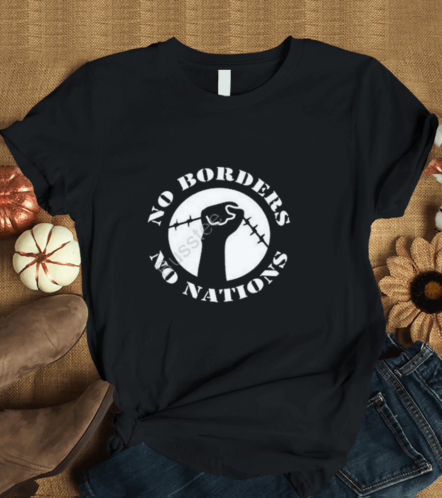 No Borders No Nations Fist with Barbed Wire Revolution T-Shirt