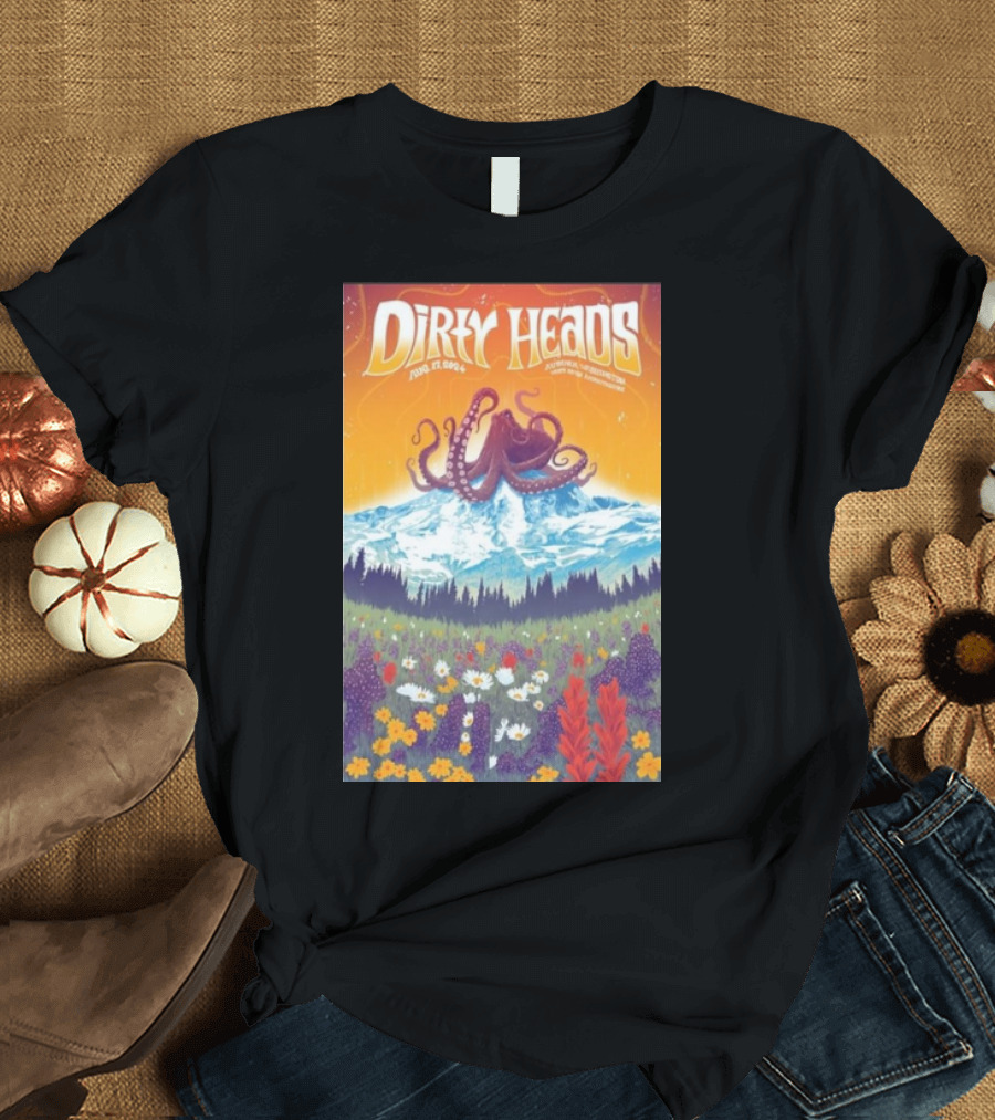 Dirty Heads Aug 17 2024 at White River Amphitheatre with Octopus Mountain Scene and Floral Meadow T-Shirt