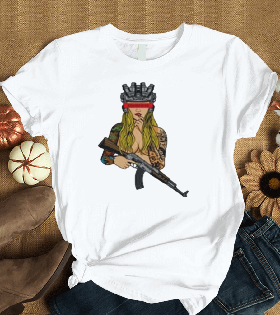 Shameless AK 2024 Futuristic Warrior with Tattoos and Rifle T-Shirt