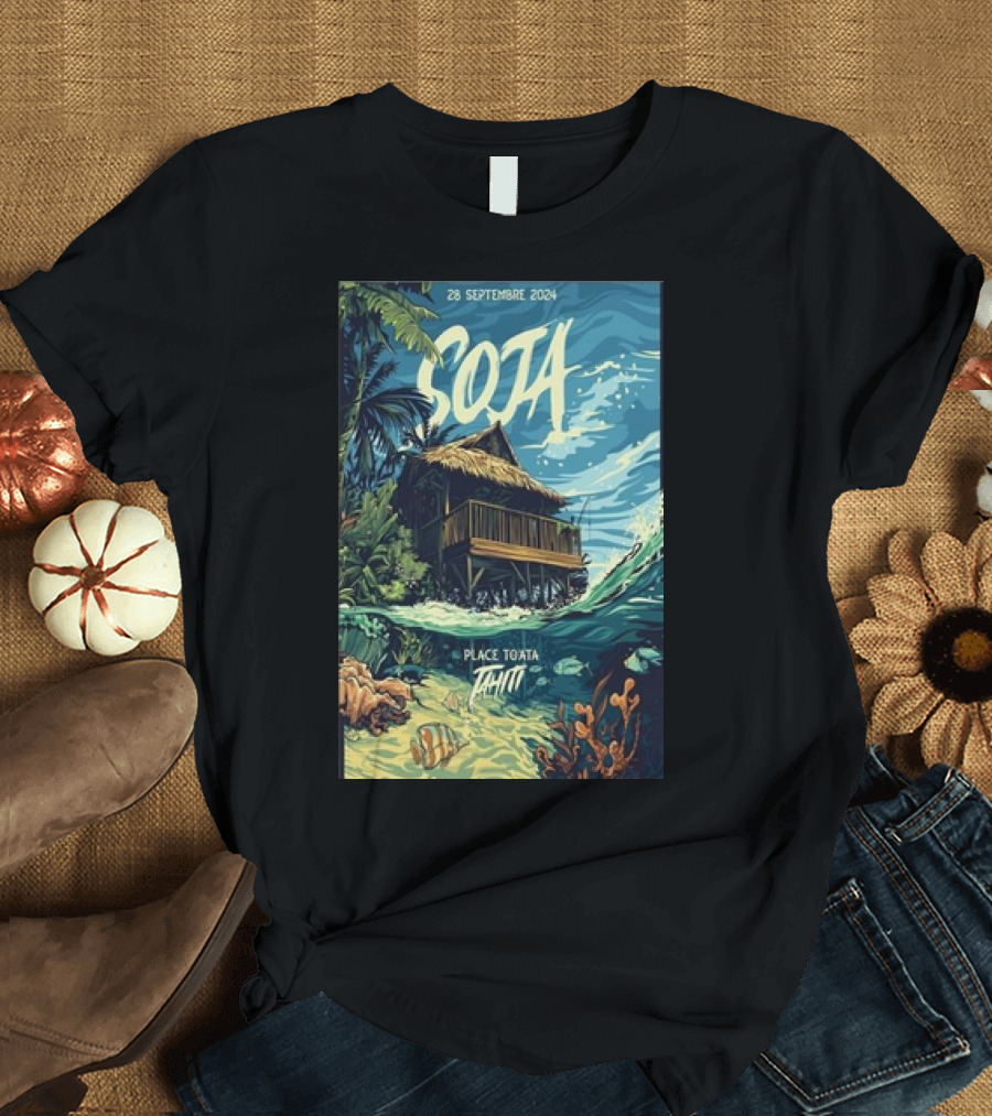 Soja Live at Place To'Ata Tahiti 28 September 2024 Beach Hut and Ocean T-Shirt