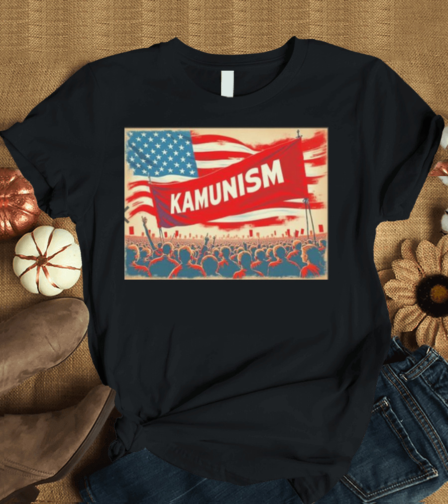 Kamunism Crowd Kamala Harris American Flag Red Banner Retro Propaganda T-Shirt