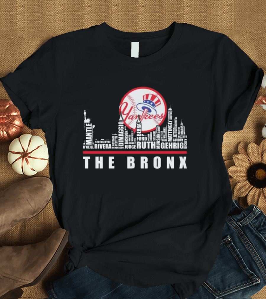 New York Yankees 2024 Skyline of Legendary Player Names The Bronx T-Shirt