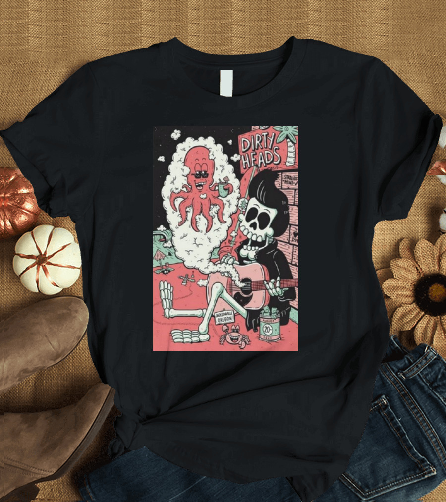 Dirty Heads Jacksonville Oregon Aug 20 2024 Skeleton Guitar Octopus T-Shirt