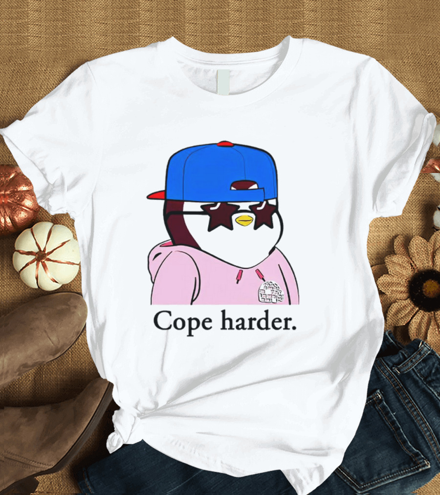 Pudgy Penguin Cope Harder Star Shades Blue Cap Pink T-Shirt