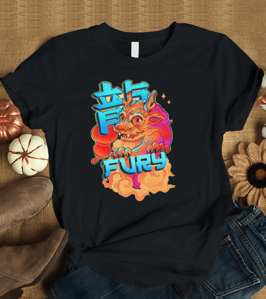 Dragon Fury Vibrant Mythical Creature With Neon Chinese Characters T-Shirt