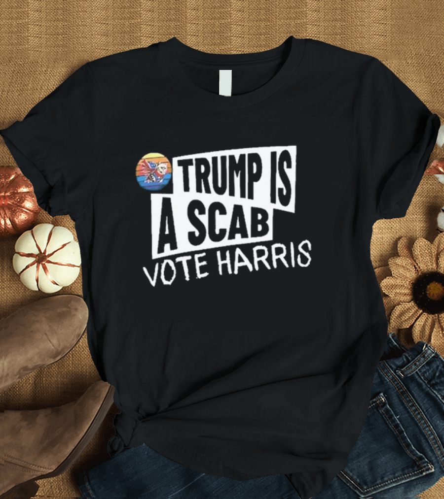 Trump Is A Scab Vote Harris Cat with US Flag Badge T-Shirt